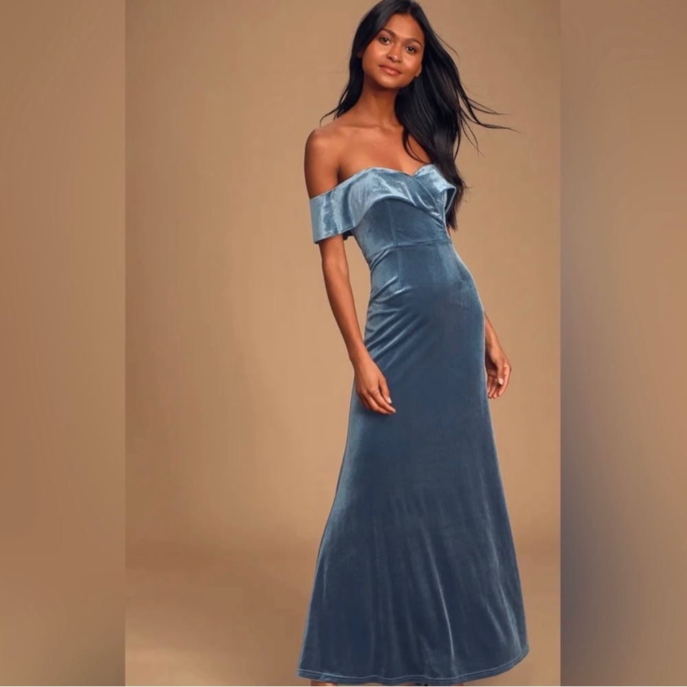 *NEW* Lulus Sweet Symphony Dusty Blue
Off-the-Shoulder Velvet Maxi Dress